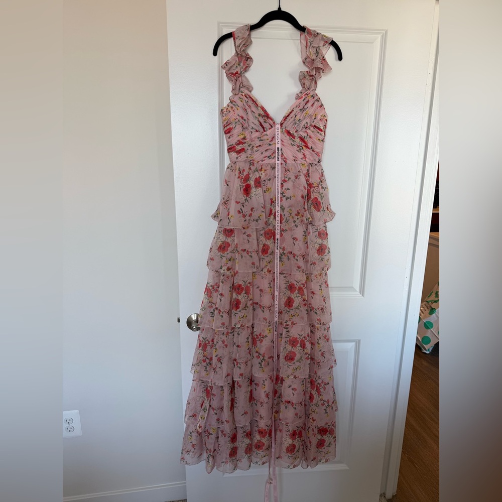 IEENA FOR MAC DUGGAL Pink Ruffled Sleeveless Draped Tiered Floral Print Gown